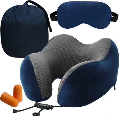 Greeli Premium Memory Foam Travel Neck Pillow Lightweight Combo of Carry Bag, Ear Plug, Neck Pillow & Eye Shade(Navy Blue)