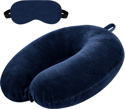 Greeli U-Shaped Micro Fibre Travelling Neck Pillow With Eye Mask, Neck Support Headrest Neck Pillow & Eye Shade(Navy Blue)
