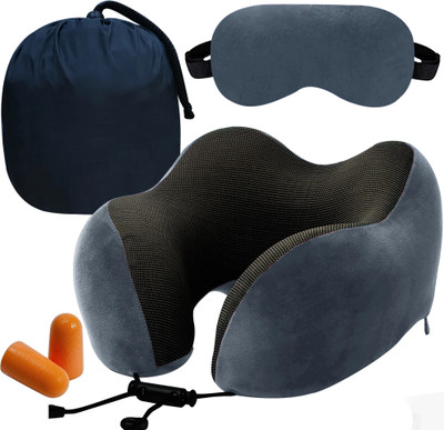 Greeli Premium Memory Foam Travel Neck Pillow Lightweight Combo of Carry Bag, Ear Plug, Neck Pillow & Eye Shade(Grey)