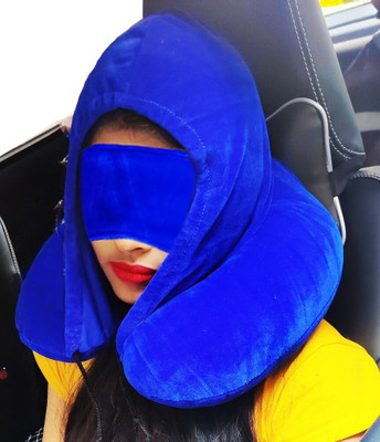 Juzzii Velvet Hoodie Neck Pillow With Eye Mask Combo for Road Trip and Flight -Hoodie Neck Pillow & Eye Shade(Blue)