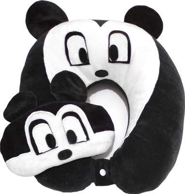 Juzzii Cute Cartoon Neck Pillow with Sleeping Eye Mask for Flight Car Bus for Men Women Neck Pillow & Eye Shade(Dark Black)