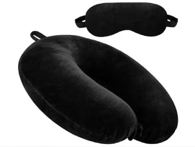 Jounwal Black Neck Pillow with Eye Mask U-Shaped Micro Fiber Soft Cushions Neck Pillow & Eye Shade(Black)