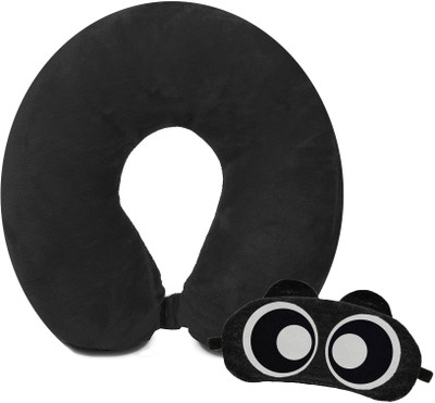 Juzzii Velvet Neck Pillow & Eye Mask - Combo Sleeping Airline Neck Pillow with Sleeping Eye Mask Great for Long Road Trips and Flights, Ideal For Men & Women- Black Neck pillow & Mask No-67 (Combo) Neck Pillow & Eye Shade(Black)