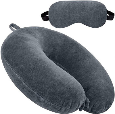 Maanisha Enterprises U Shaped Micro Fiber Cushion Neck Rest Pillow With Black Eye Mask Neck Pillow & Eye Shade(Grey)