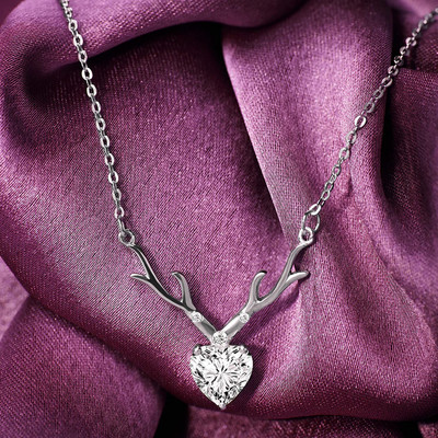 mahi Deer Heart Shaped Pendant with Chain Cubic Zirconia Rhodium Plated Alloy Necklace