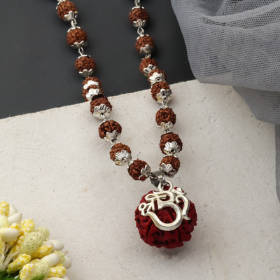MK Gallery Shree OM Silver Rudraksha Mala Silver Plated Brass Chain Set