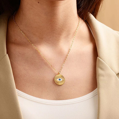 Vembley Gold Plated Circle Evil Blue Eye Pendant For Girls Metal Necklace