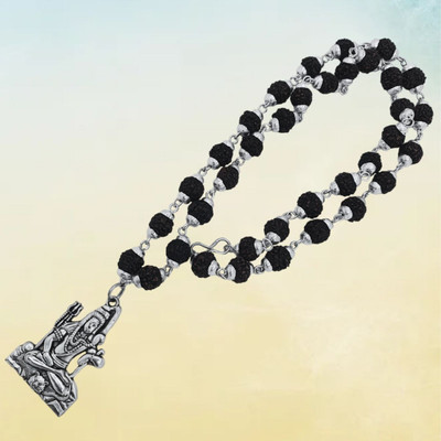 Banke Collection Most Demanded Bhagwan Shiv Dotted Locket Pendant With 5 Mukhi Rudraksha Mala Beads Silver Plated Brass, Wood Chain