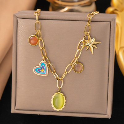 MYKI Anti-Tarnish Charm Statement Necklace with Multi-Pendants Gold-plated Plated Stainless Steel Necklace