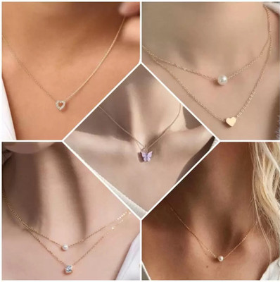 Divastri Combo of 5 Traditional 18 inch Daily Wear Necklace Set for Women Pearl, Diamond Gold-plated Plated Brass Necklace