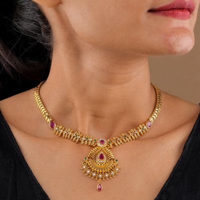 KAVY JEWELLRY Handmade South Indian Panchaloham Attiga Necklace Chain For Women & Girls Cubic Zirconia Gold-plated Plated Brass Layered