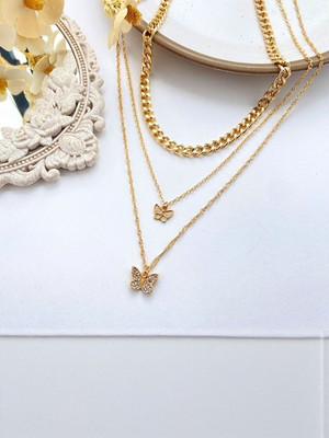 Dressberry Three Layered Studded Butterfly Chain Necklace Gold-plated Plated Alloy Necklace