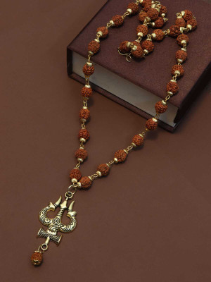 Rashifaashion Mahakal Trishul Locket With Gold Capped Rudraksha Mala Wood Necklace