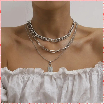 Vembley Fancy Three Layered Silver Studded Lock Pendant Necklace For Girls Silver Plated Alloy Necklace