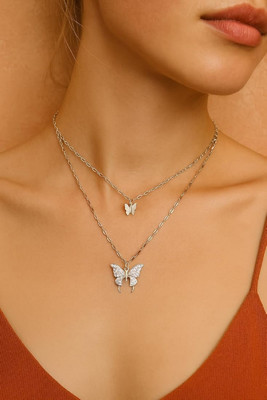 Apkcreation Double layer Butterfly Necklace GOLD Plated Stainless Steel Layered Cubic Zirconia Gold-plated Plated Alloy, Stainless Steel Chain Set