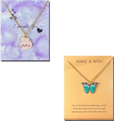 AVR JEWELS Combo Of 2 Gold Plated Pretty Pink & Blue Butterfly Charm Necklace Gold-plated Plated Alloy Chain Set