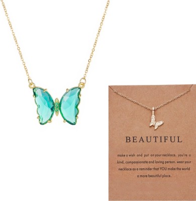 AVIRA ENTERPRISES Pack of 2 Charming Mini Butterfly and Blue Crystal Butterfly Necklace Gold-plated Plated Alloy Layered