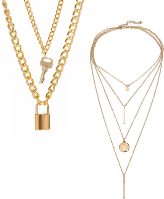 Vembley Pack of 2 Layered Star Coin Line & Key Lock Pendant Gold-plated Plated Alloy Layered