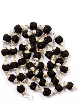 Green Spiritual Natural 5 Face Rudraksha Mala in Silver Plated Caps Gold-plated Plated Brass Chain