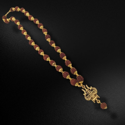 Green Spiritual Unisex Mahadev Shiv Trishul OM Rudraksha 5 Mukhi Rudraksha Mala Gold-plated Plated Brass Chain Set