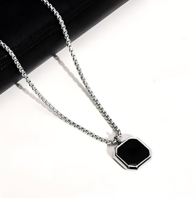 WEZORA JEWELS Durable & Stylish Men’s Black Hexagon Pendant Necklace For Boys & Men | Silver Plated Stainless Steel Chain Set