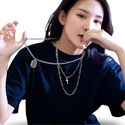 WoodenBurg Silver-Plated 3-Layer Cross & Tag Pendant Necklace for Men & Women Silver Plated Stainless Steel Necklace Set