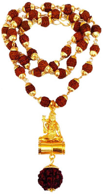 LETNIX Religious Jewellery Cap Mala With Aashan Shivji Damru Pendant Locket 8mm 36 beads mala Gold-plated Plated Brass, Wood Chain
