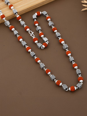 MK Gallery Ashtadhatu Cube Panchmukhi Rudraksha Mala | 24 inch | 7 mm Beads Silver Plated Metal, Rudraksha Chain