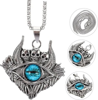 Karishma Kreations Vintage Punk Skull Lucky Evil Eye Pendant Necklac Women Men Chain Gothic Jewelry Cubic Zirconia, Emerald Silver, Platinum Plated Brass, Metal, Alloy, Stainless Steel Chain Set