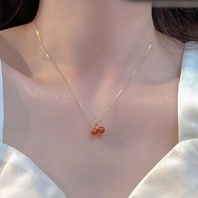 LBTK Red Crystal Cherry Necklaces,Creative Ruby Cherry Pendant Alloy Chain