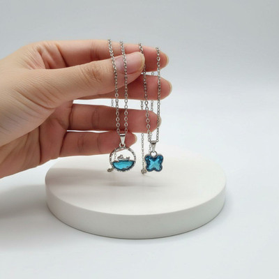 VR Divine Adorn Charming 2 PCS Pendant Necklace Set | Blue Diamond Dolphin & Butterfly Design Silver Plated Stainless Steel Necklace Set
