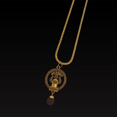 LOTUS Store Shiva Om Trishul Damru Pendant Chain Pack of 1- Golden Gold-plated Plated Brass Necklace Set