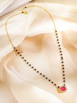 RUBANS 22K Gold-Plated Ruby Pink & Cubic Zirconia Studded Mangalsutra for Women Gold-plated Plated Brass Chain