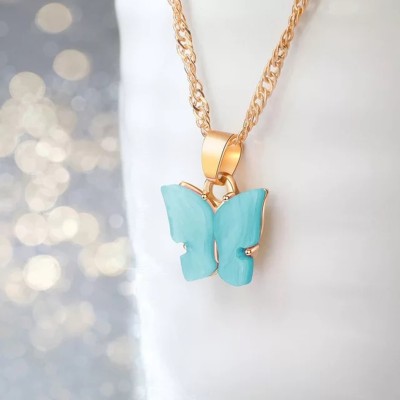 Vembley Single Layered Blue Butterfly Pendant Necklace Gold-plated Plated Alloy Chain