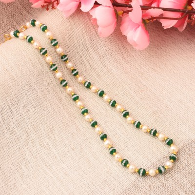 Pearlz Ocean 18 Inches Orange Freshwater Pearl and Green Jade Beads Necklace Pearl, Jade Gold-plated Plated Alloy Necklace