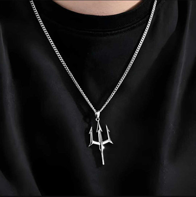 SSUNIQ Shiva Trident (Trishul) Pendant Necklace – Silver-Plated with Steel Chain Silver Plated Stainless Steel Necklace