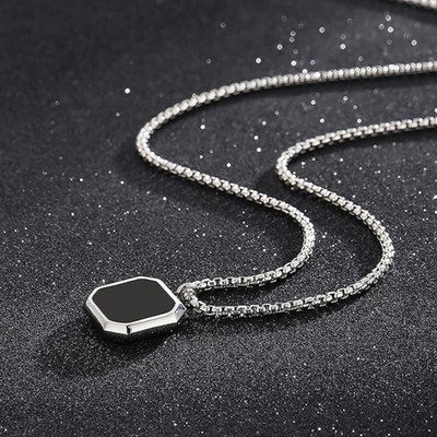 Pine Pearls Black Cube Bar Pendant Necklace For Mens and Grils Silver Plated Stainless Steel Chain