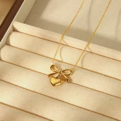 Sahelistyle Stylish Gold Plated Heart Pendant Necklace With Bow Design for Women and Girls Crystal Gold-plated Plated Stainless Steel Necklace