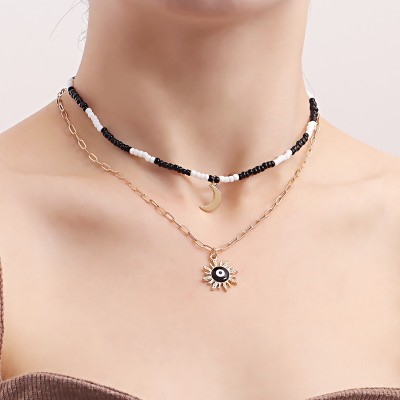 DESTINY JEWEL'S Gold Plated Black Evil Eye with Sunflower and Moon Multilayer Necklace Alloy Necklace