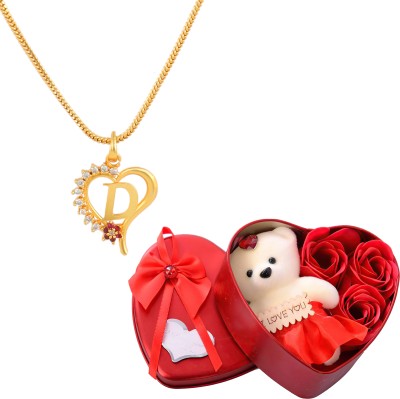 Thrillz Valentine Gifts For Girlfriend Alphabet D Gold Chain Pendant Heart Box & Teddy Cubic Zirconia Gold-plated Plated Stainless Steel Chain