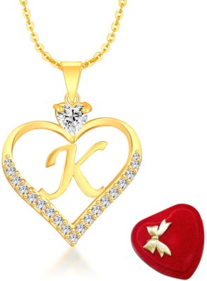 Heer Collection Heart Shape Alphabet 'K' Valentine Special Pendant Propose Wedding Anniversary Cubic Zirconia, Crystal Gold-plated Plated Brass, Copper Chain Set