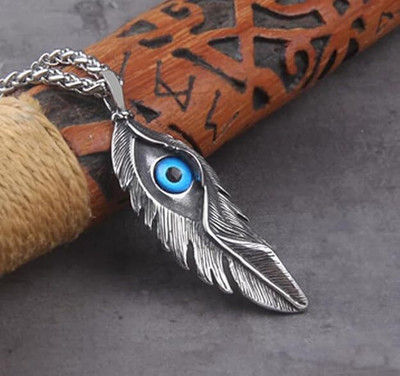 BRIGHTFRAME Feather Blue Eye Pendant Necklace freedom, protection, and positive energy-02 Sterling Silver Plated Stainless Steel Necklace