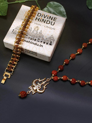 DIVINE HINDU Gold Plated Om Shiva 54 Bead Trishool Necklace + Rudraksha Brown Bracelet Combo Gold-plated Plated Wood Necklace DIVINE HINDU Gold Plated Om Shiva 54 Bead Trishool Necklace + Rudraksha Brown Bracelet Combo Gold-plated Plated Wood Necklace