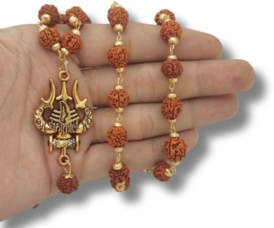 HAPPY CREATION Most Demanded Shiv Trishul OM Dotted Locket Pendant With 5 Mukhi Rudraksha Mala Gold-plated Plated Brass Necklace Set