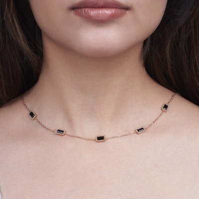 Salty Black Gemstone Link Rosegold Neck Chain for Women & Girls Aesthetic Jewelry Stainless Steel Necklace