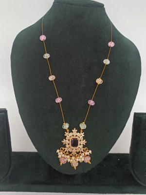Veerabhadra Invisible Chain With Multicolour Pumpkin Glass Beads And Purple Stone CZ Locket Cubic Zirconia, Zircon Gold-plated Plated Brass, Glass Chain