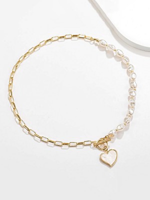 Unwind by Yellow Chimes Pearl Beaded Link Chain Heart Toggle charm Necklace Alloy Necklace