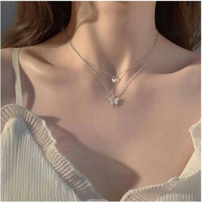 JRISSY Luxury Double Layer Diamond-Set Refined Butterfly Necklace Crystal Cubic Zirconia Silver Plated Stainless Steel Layered