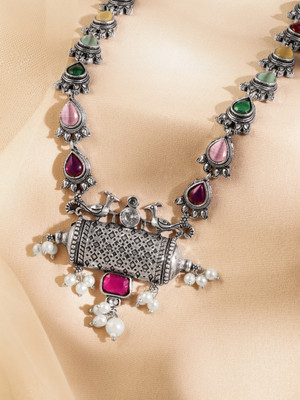 RUBANS Oxidised Silver-Plated Multicolour Stone & Pearl Beaded Tribal Motif Necklace Silver Plated Brass Necklace