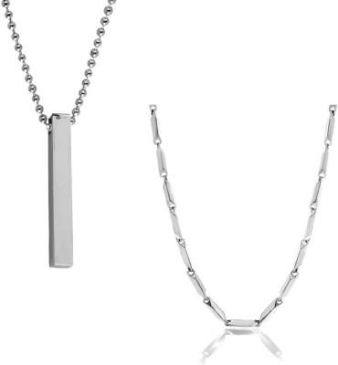 Bellina Gift For Boys And Men Silver Twisted Neck Chain And Cuboid Neck Pendant Combo Rhodium Plated Alloy Chain Set